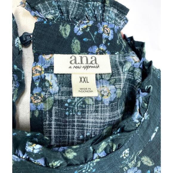 NEW ANA Deep Green Blue Wildflowers Print Peasant Blouse Size XXL - Picture 2 of 5